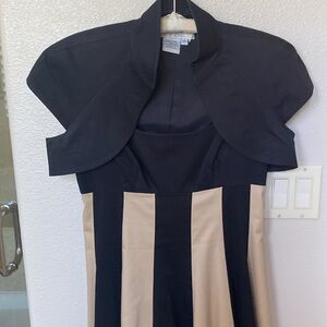 Maggy London stripped designer dress and coordinating cropped jacket.